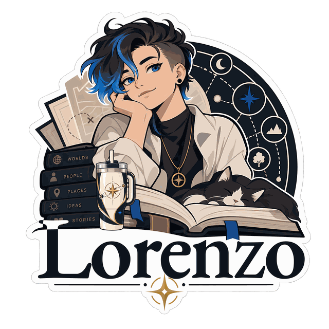 Lorenzo leaning on a stack of Worlds, People, Places, Ideas, and Stories volumes, Catileo asleep on the open book beside them