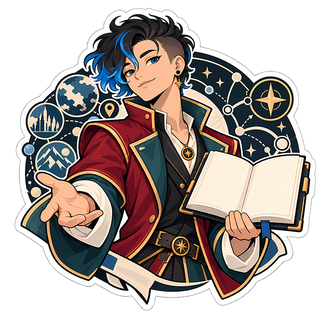 Lorenzo holding out a welcoming hand, an open book with blank pages in the other